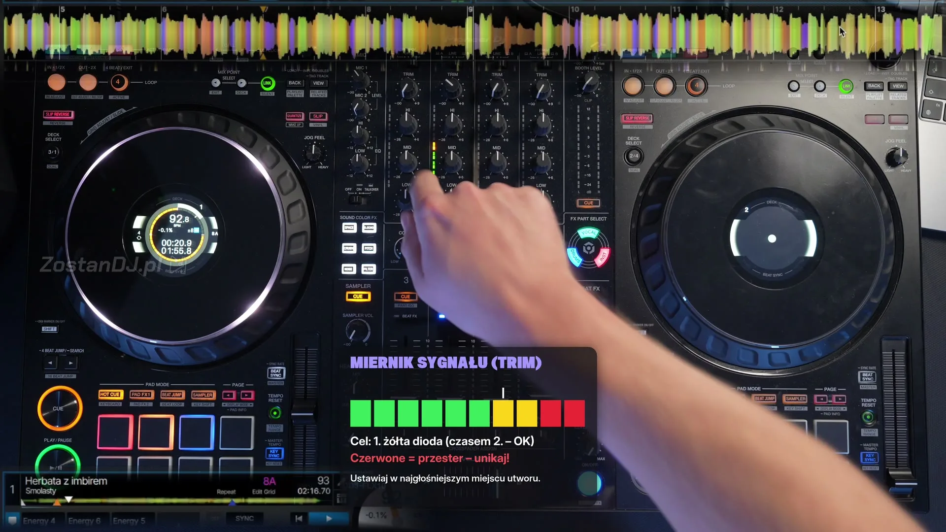 Kurs DDJ-FLX10 – plansza miernik sygnału (TRIM): cel to pierwsza żółta dioda